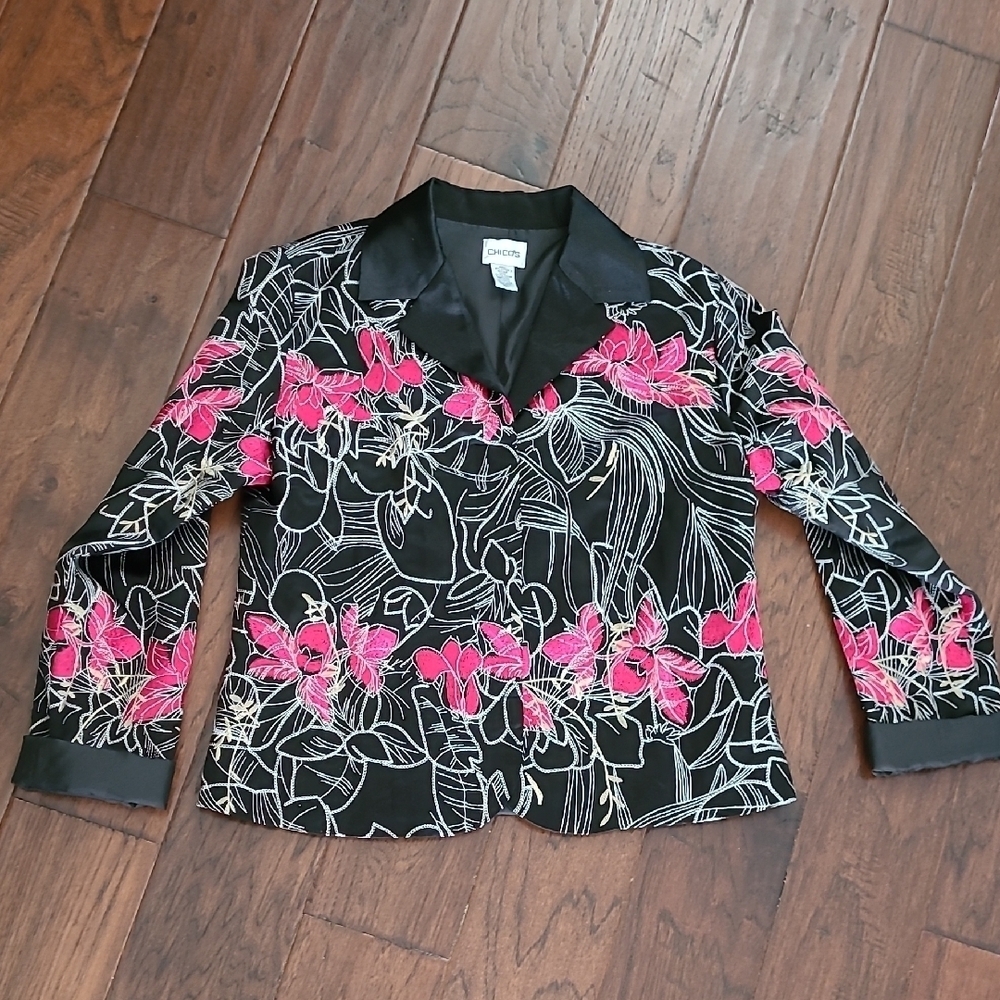 Chico's Black Silk Blend Jacket with Pink, White & Cream Embroidery size 1